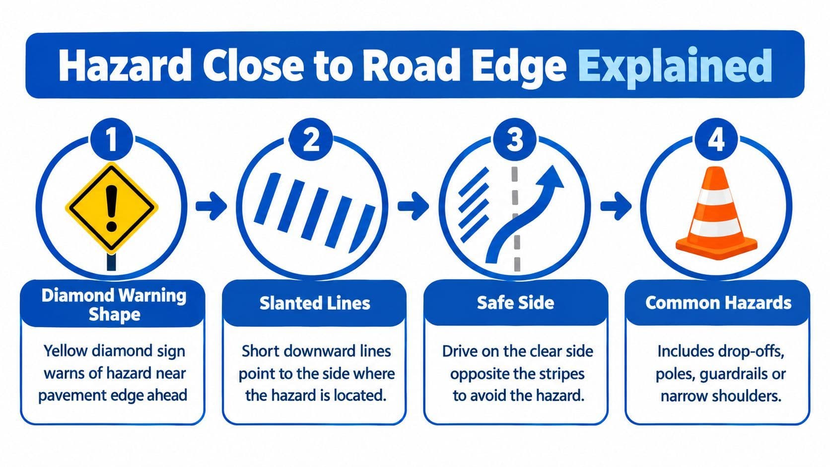 An infographic explaining hazard warning signs for road edges using icons and descriptive text.