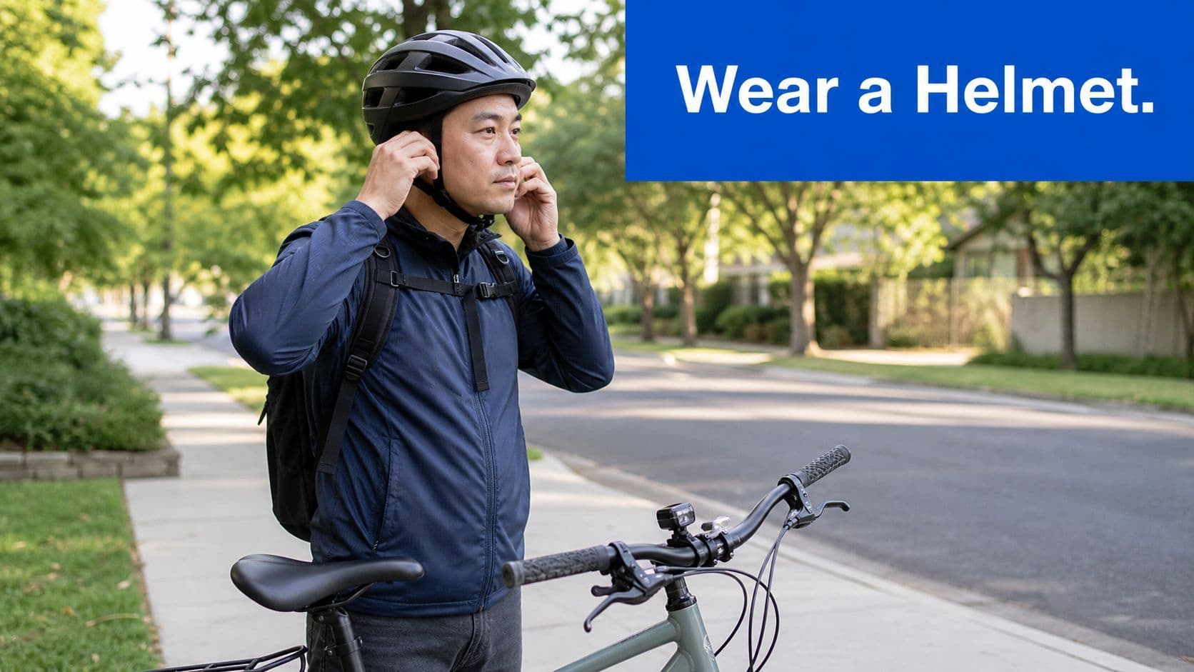 A man wearing a blue jacket adjusts his black bicycle helmet while standing next to his bike.