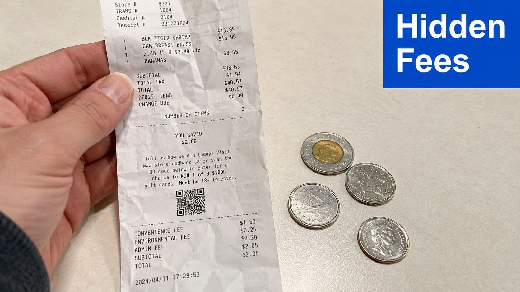 A hand holding a receipt next to Canadian coins, illustrating various unexpected extra store charges.