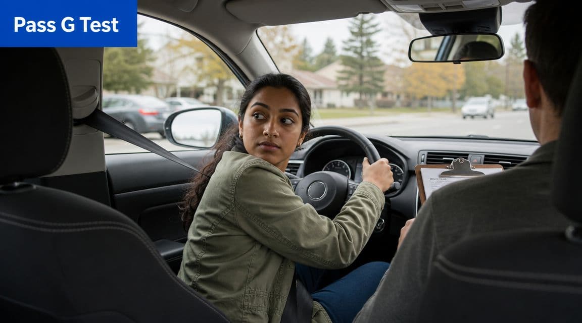 A driving instructor evaluating a young woman during a practical Class G driving test in Canada.