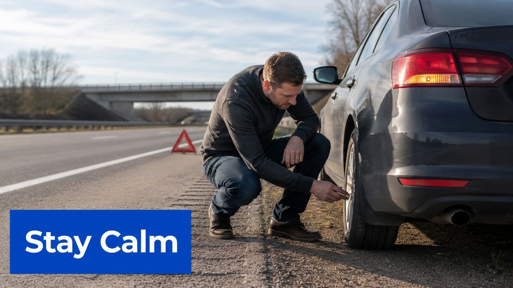 A man crouching on the side of a highway inspecting the flat tire of his car.