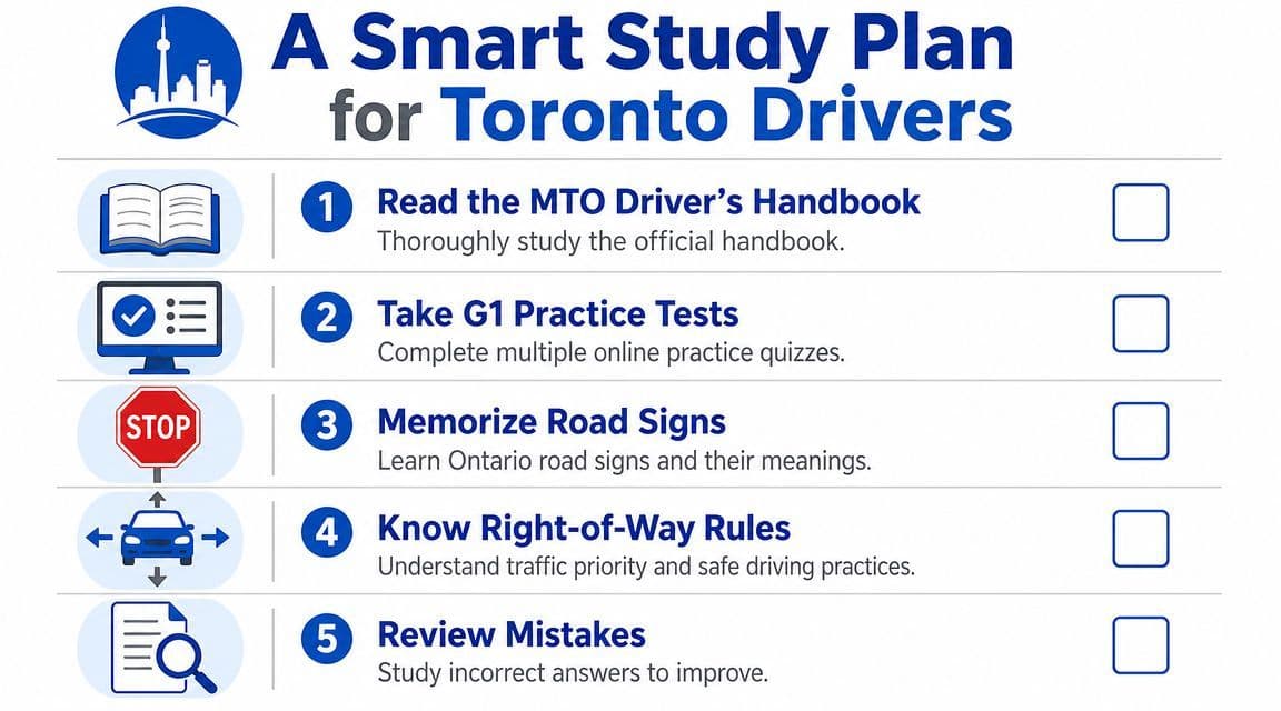 A five-step study plan checklist for Toronto drivers preparing for the G1 knowledge test.