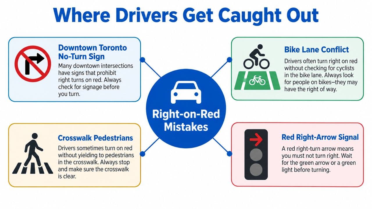 An infographic detailing common mistakes drivers make when attempting to perform right turns on red lights.