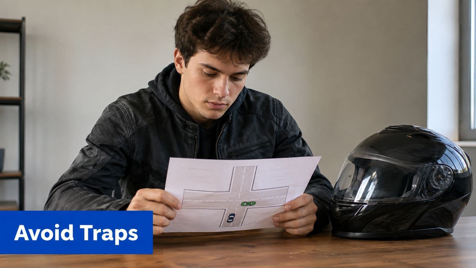 A young man sitting at a desk studying a road diagram for his motorcycle learner's permit test.