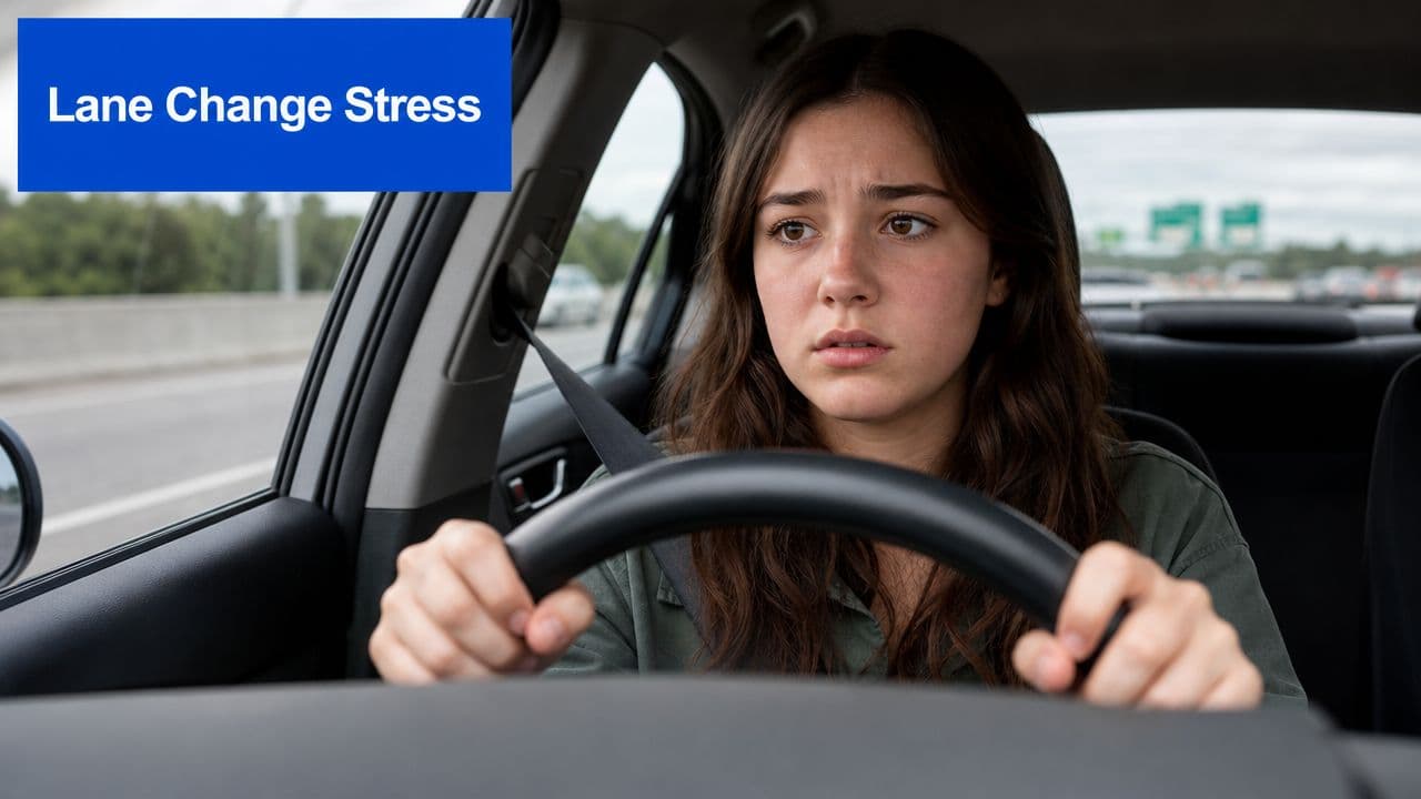 A young woman driving a car with a worried expression, illustrating the stress of changing lanes.