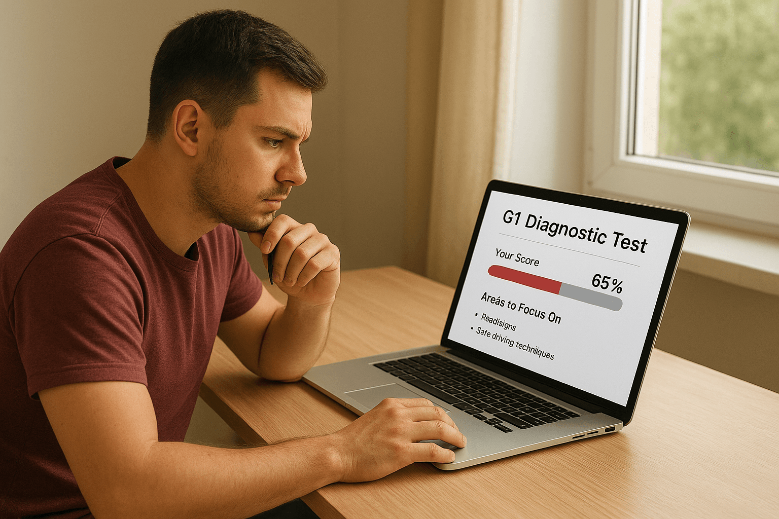 A focused young man taking a diagnostic driving test on his laptop at home, analyzing his results to identify weak areas before the Ontario G1 exam.