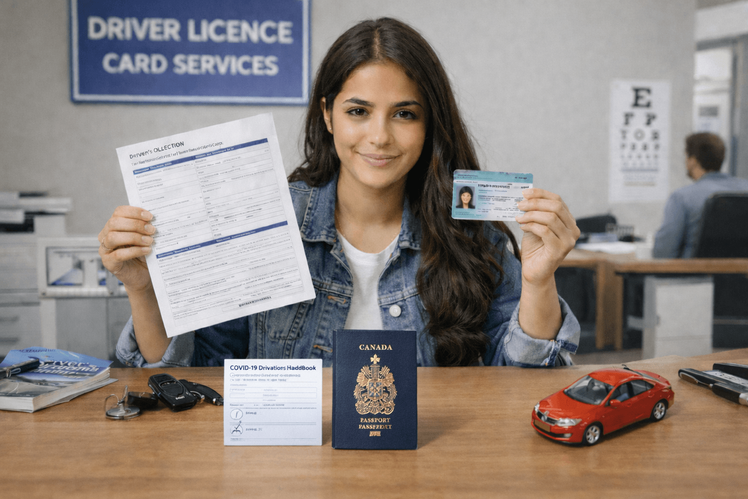 Woman holding documents required to qualify for Ontario G1 test at driver licence office