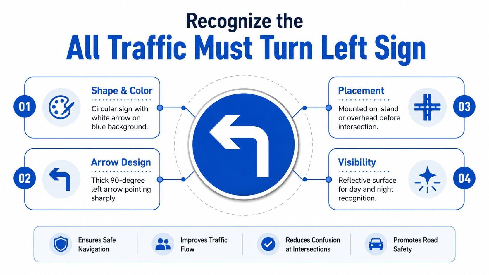 An infographic explaining the features and safety benefits of the circular blue all traffic must turn left sign.