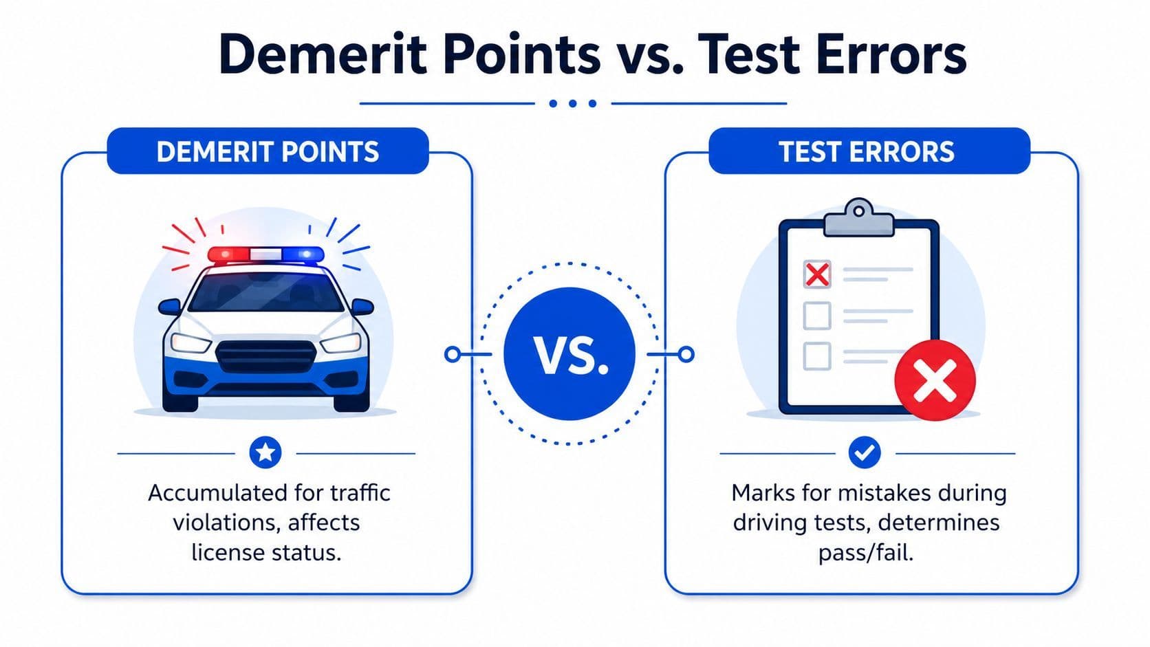 An infographic comparing demerit points for traffic violations against test errors on a driving test.