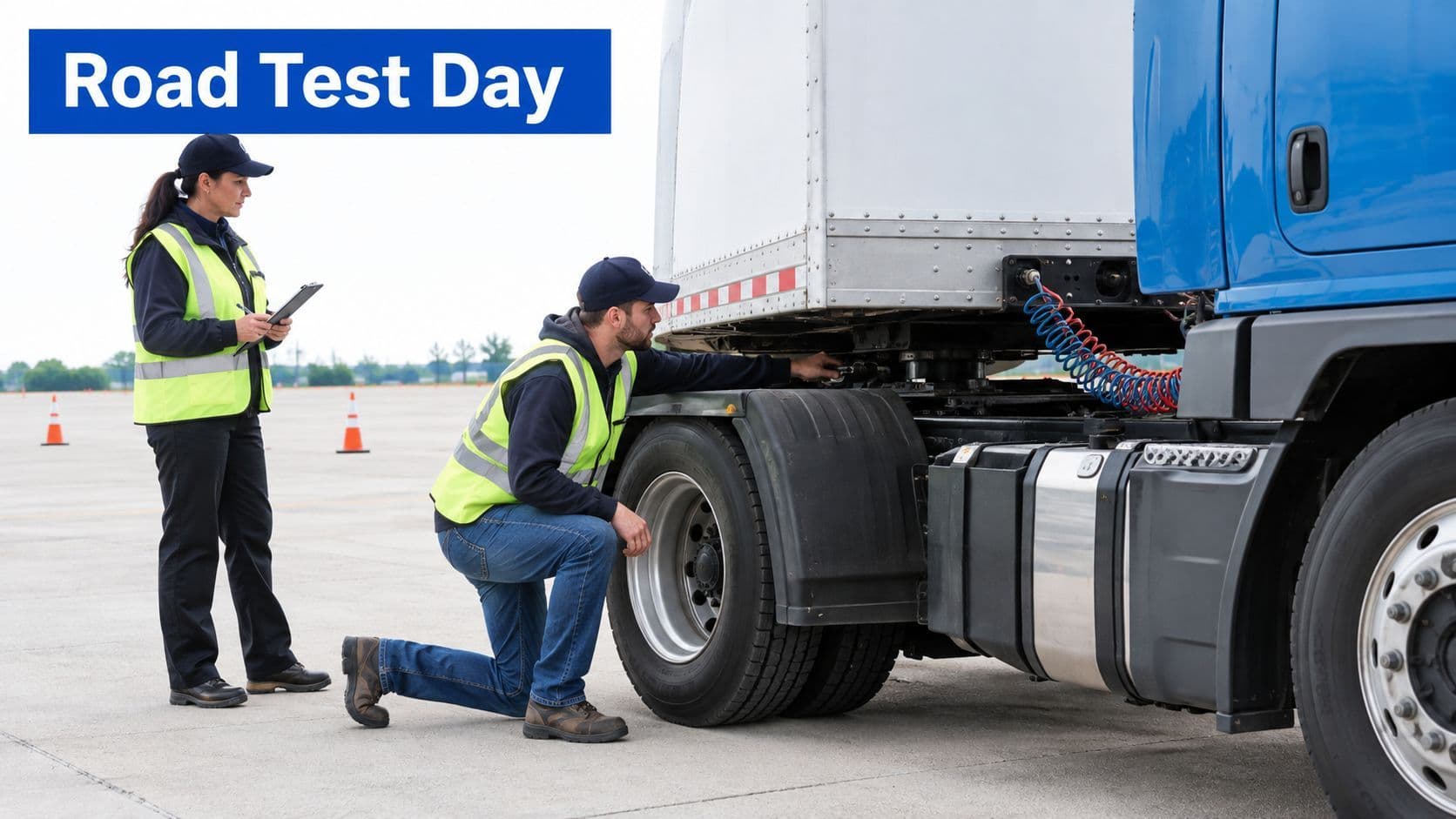 A driving instructor evaluating a student performing a truck pre-trip inspection during a class A road test.
