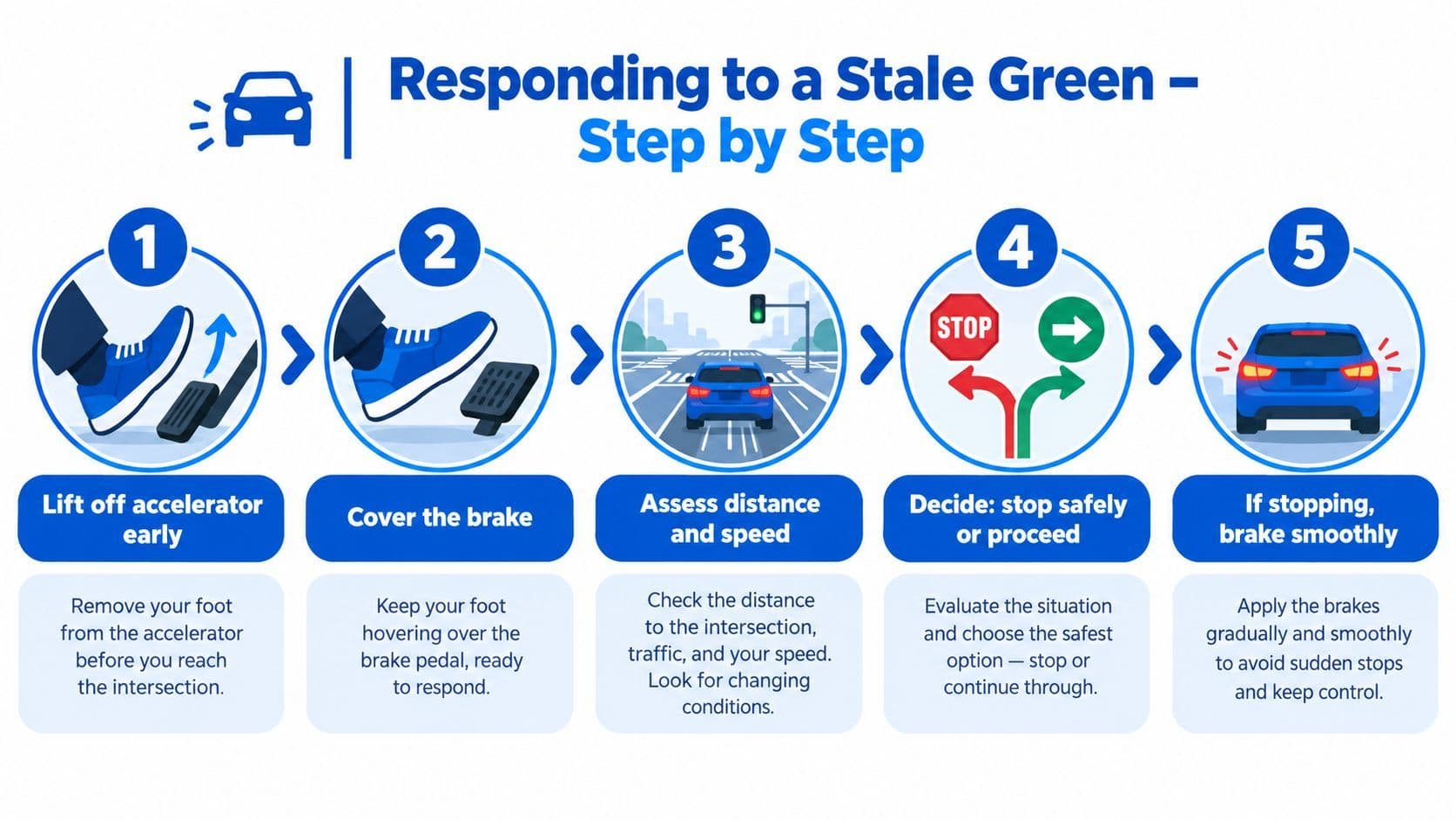 An infographic illustrating five steps for drivers to safely navigate a stale green traffic light.