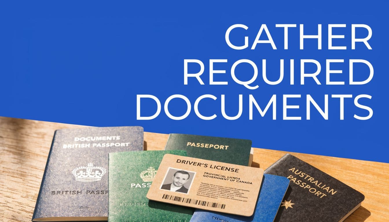 A collection of international passports and a driver's license spread out on a wooden table surface.