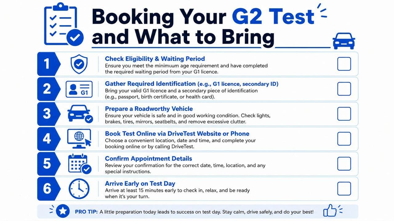 An infographic checklist guiding users through the necessary steps for booking and preparing for a G2 driving test.