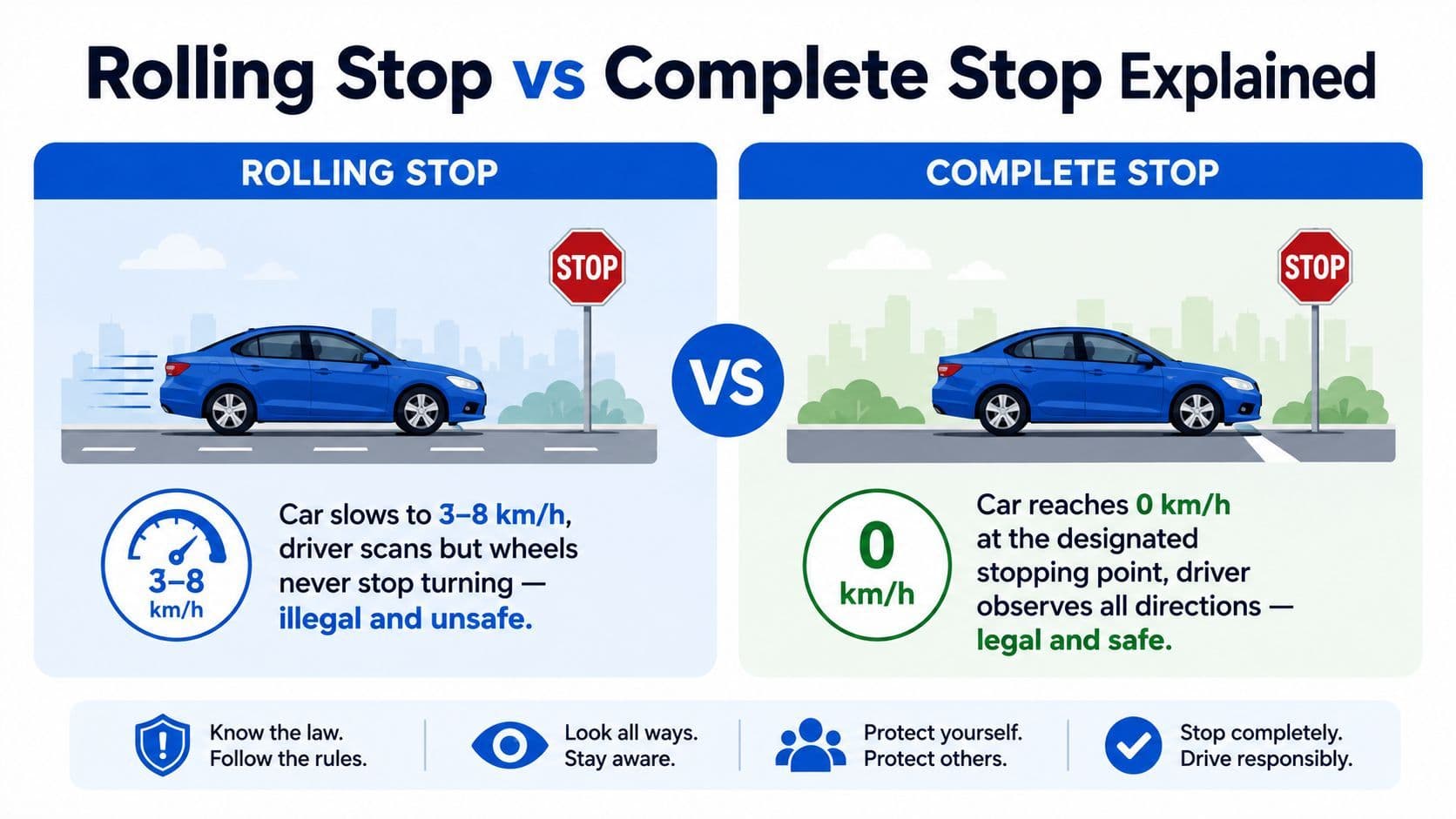 An infographic comparing a dangerous rolling stop to a safe and legal complete stop at a sign.