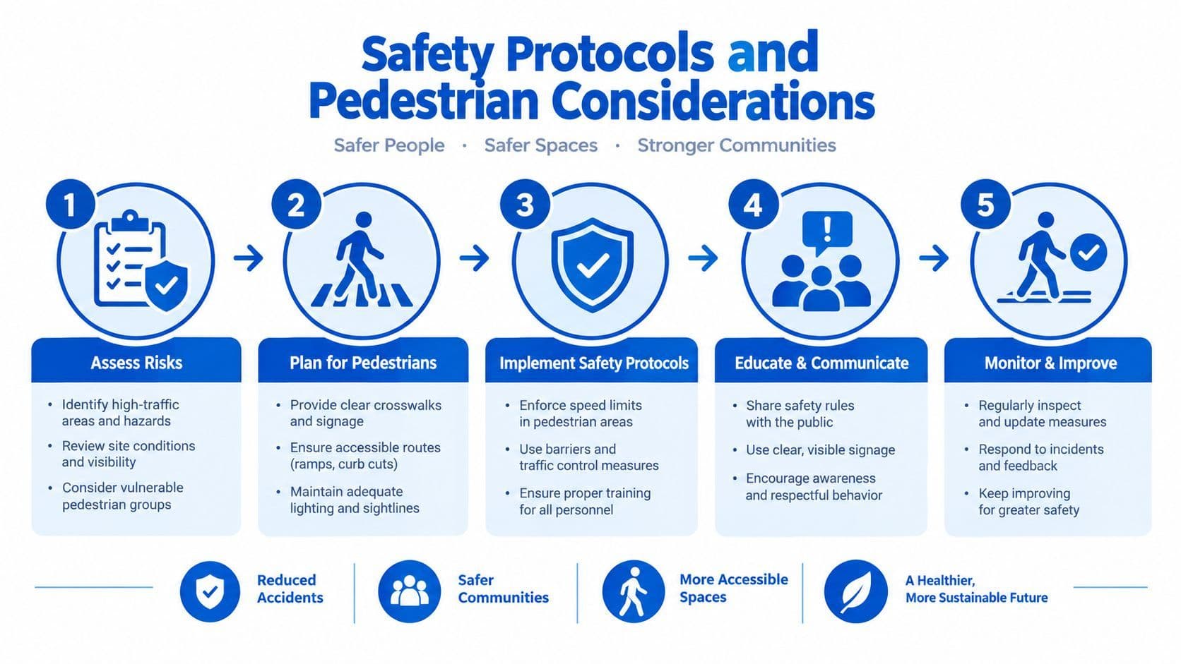 A five-step infographic detailing safety protocols for pedestrian traffic management to ensure safer community spaces.