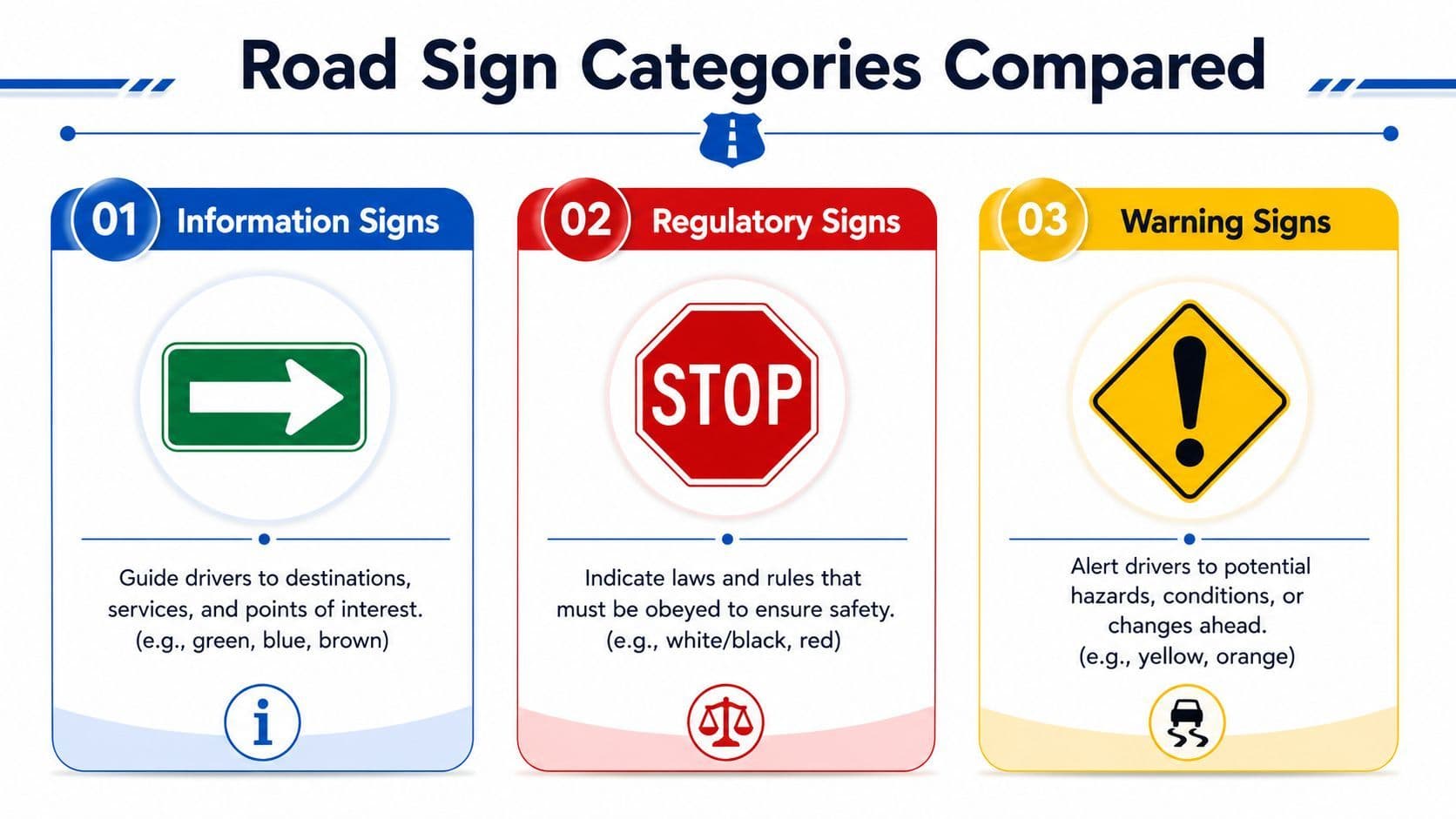 An educational infographic comparing road sign categories: information signs, regulatory signs, and warning signs.