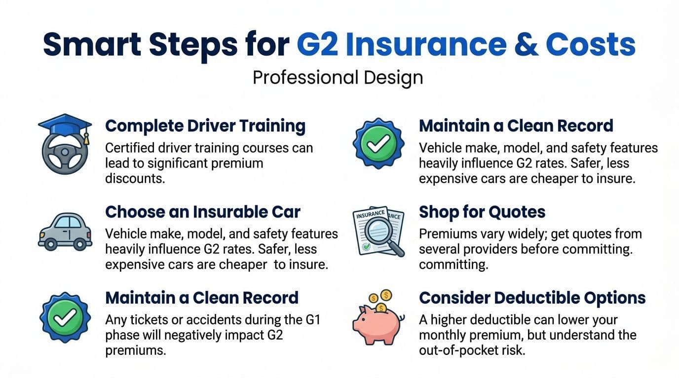 An infographic titled Smart Steps for G2 Insurance and Costs featuring tips on reducing driver insurance premiums.