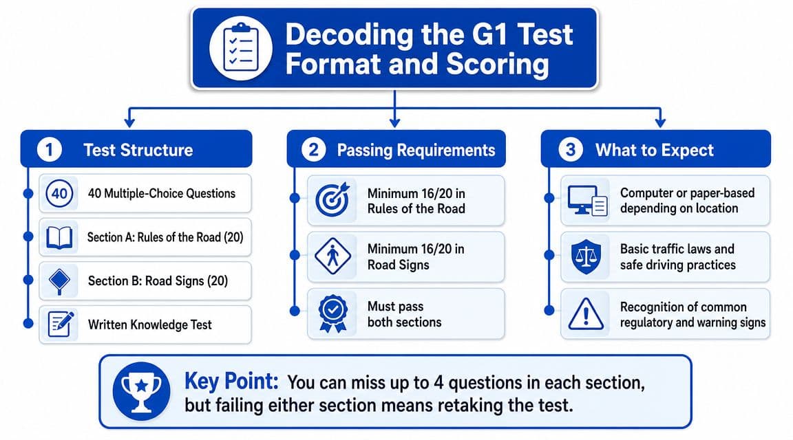 An infographic titled Decoding the G1 Test Format and Scoring detailing test structure and passing requirements.