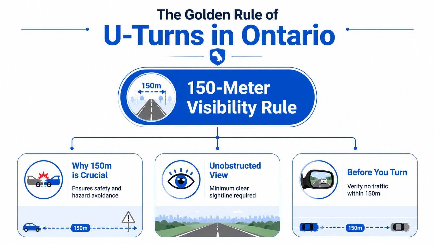 An infographic explaining the Ontario 150-meter visibility rule for performing safe U-turns on public roads.