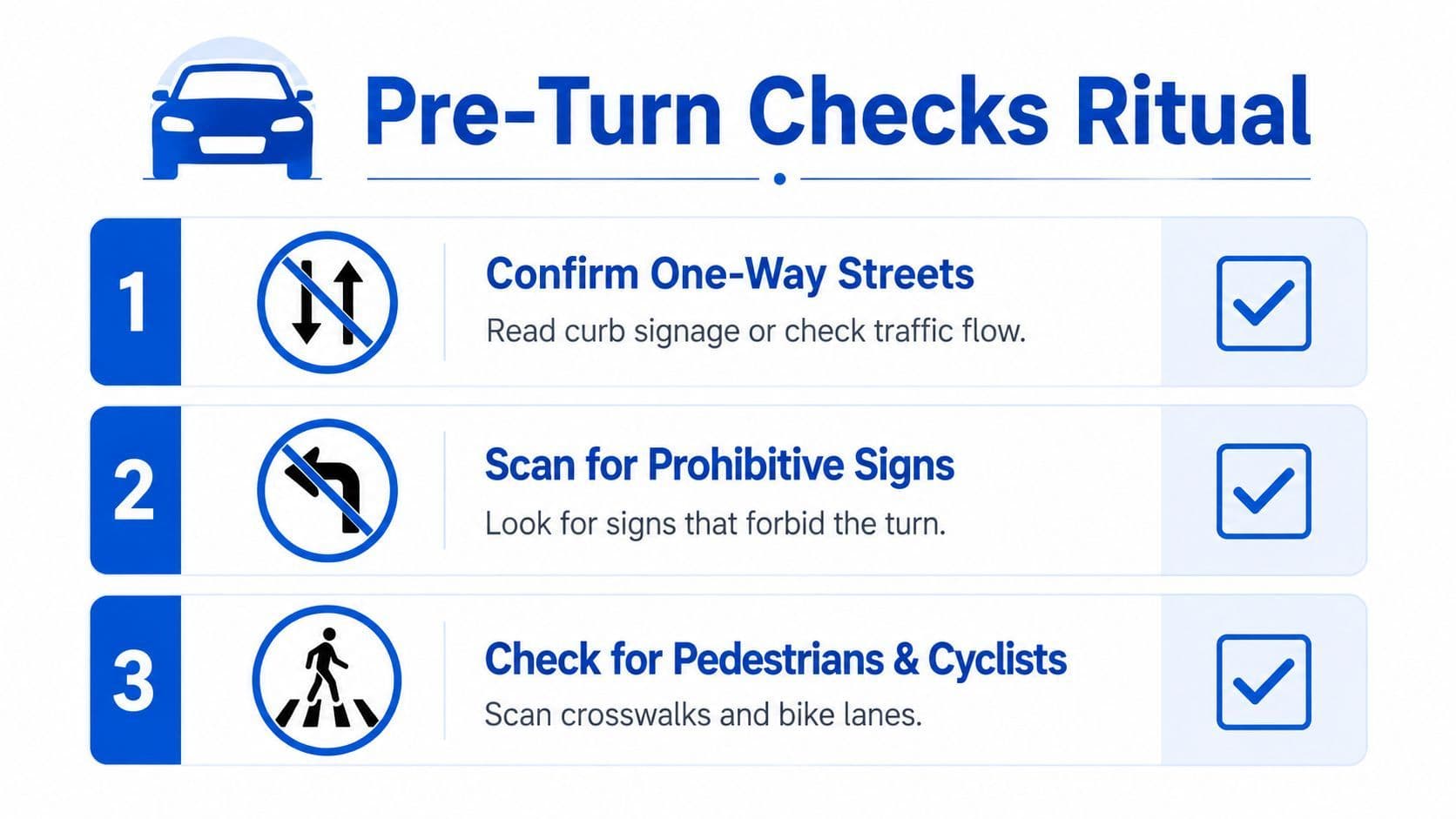 A visual guide illustrating a three-step pre-turn checks ritual for drivers to improve road safety.