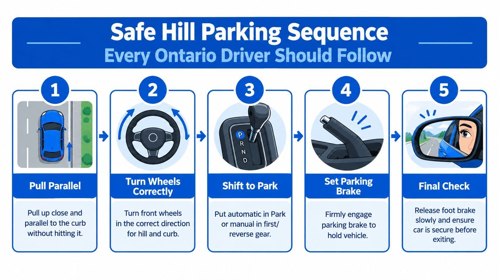 A five-step infographic illustrating the safe procedure for parking a vehicle on an incline in Ontario.
