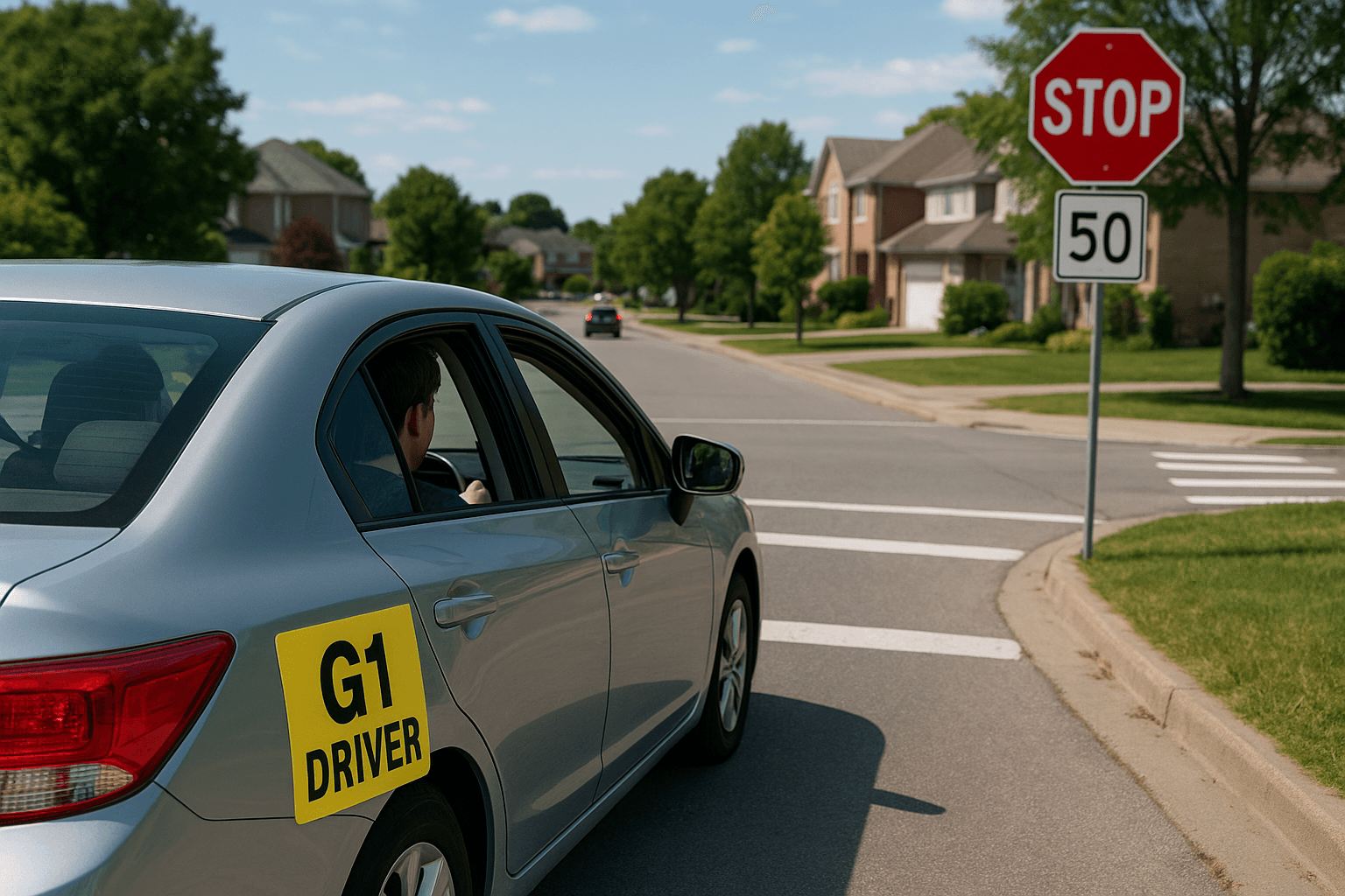 G1 learner driver in Ontario approaching a stop sign in a suburban neighborhood, demonstrating essential road rules for new drivers.