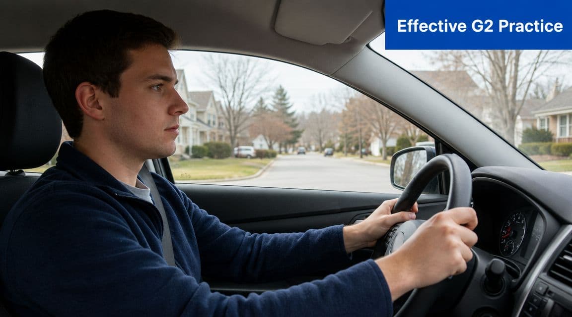 A young man focused while driving a car during a G2 road practice lesson in a neighborhood.