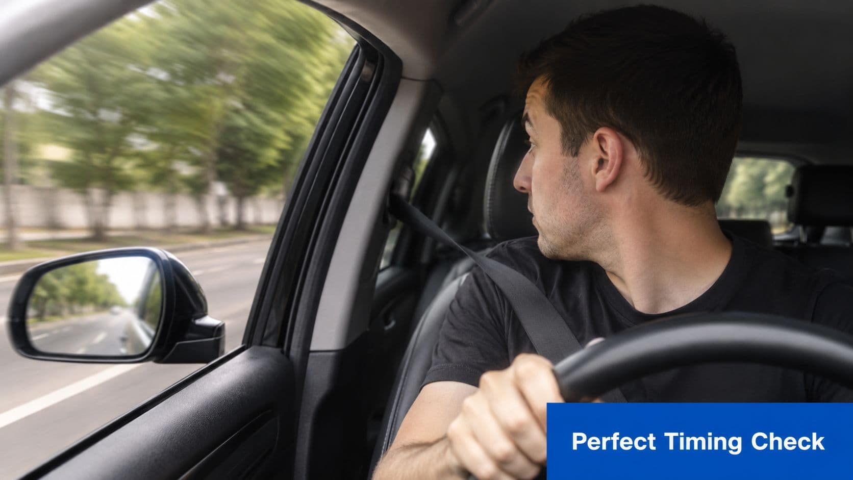 A male driver performing a shoulder check while looking back before changing lanes while driving a car.