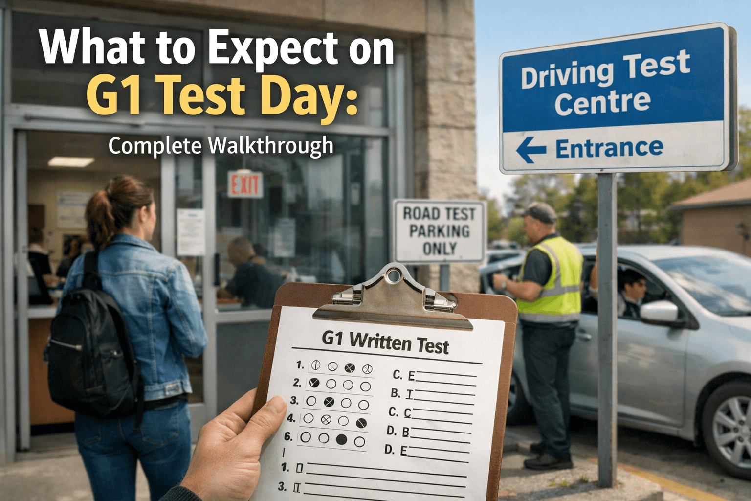 G1 written test day at an Ontario DriveTest centre showing test registration and road test parking area