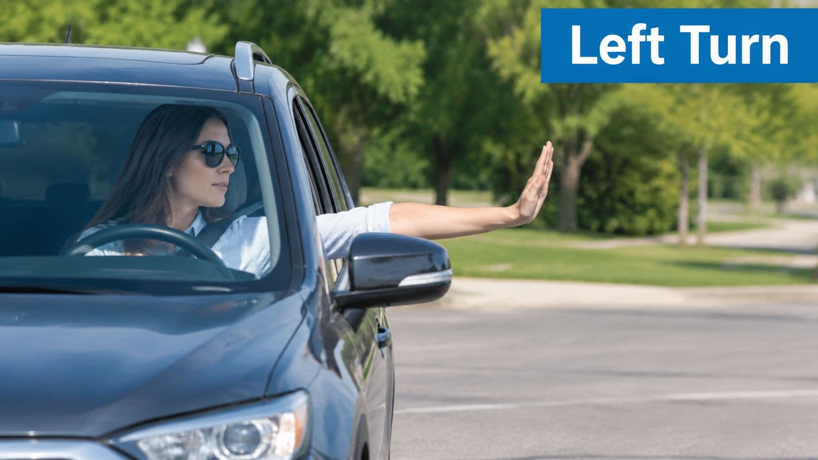 A woman driving a car performs the official hand signal to indicate a left turn.