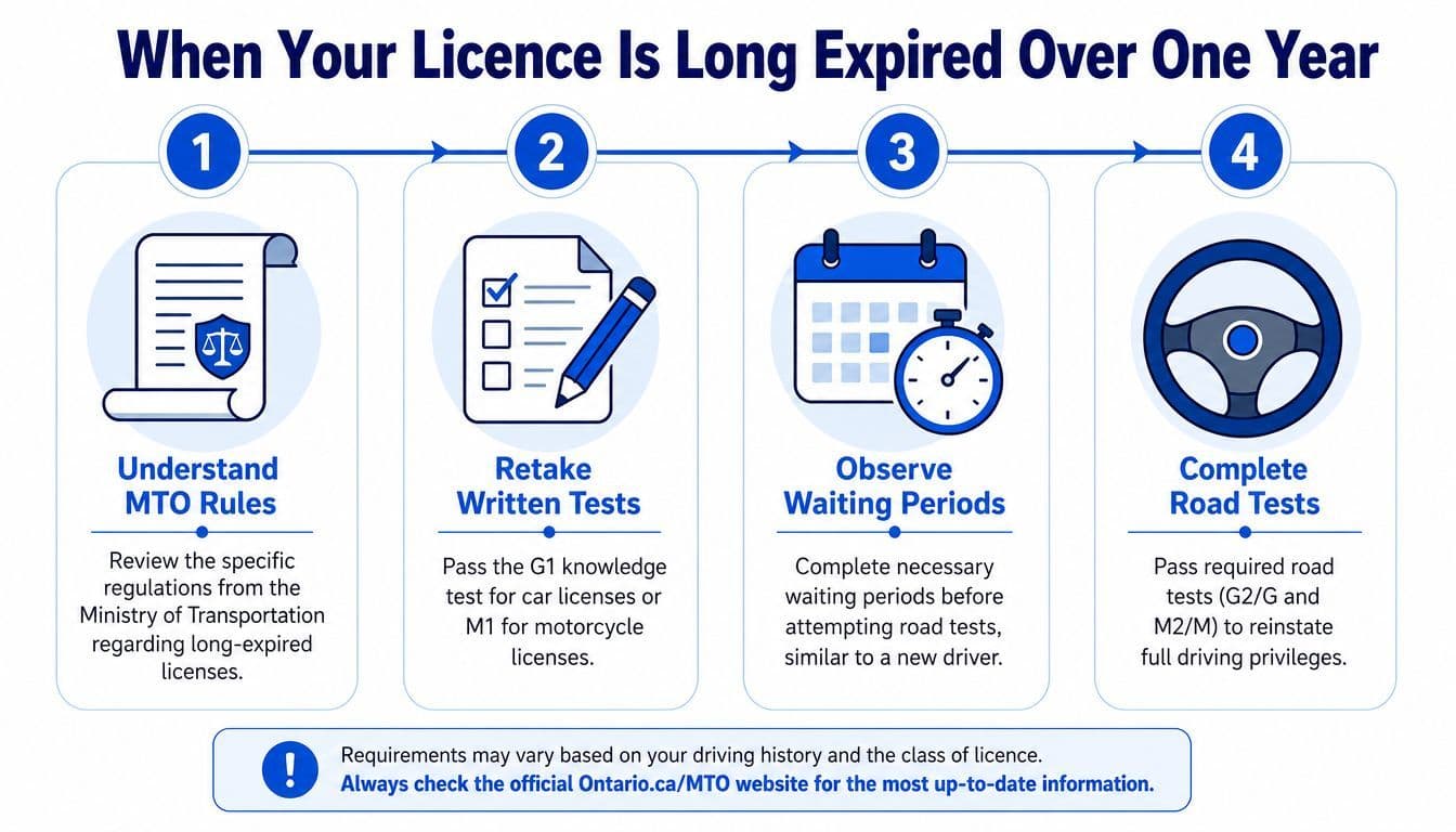 A four-step infographic illustrating the process to renew an Ontario driver's license that has expired over one year.