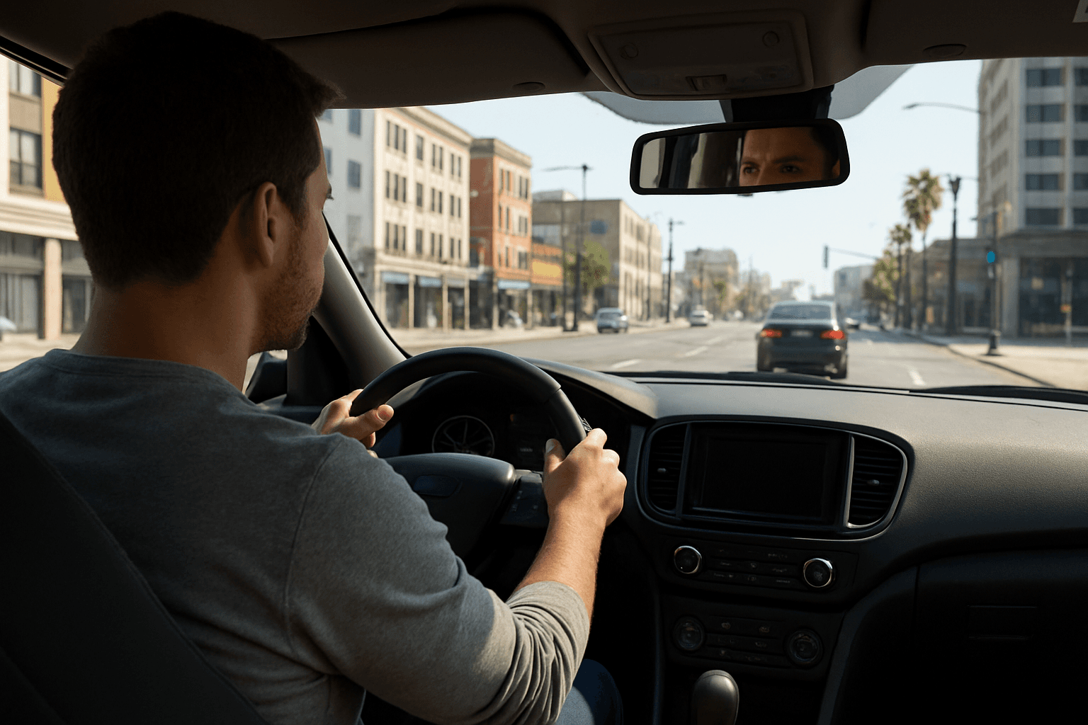 Realistic view from inside a car showing a driver navigating a city street in the Greater Toronto Area.