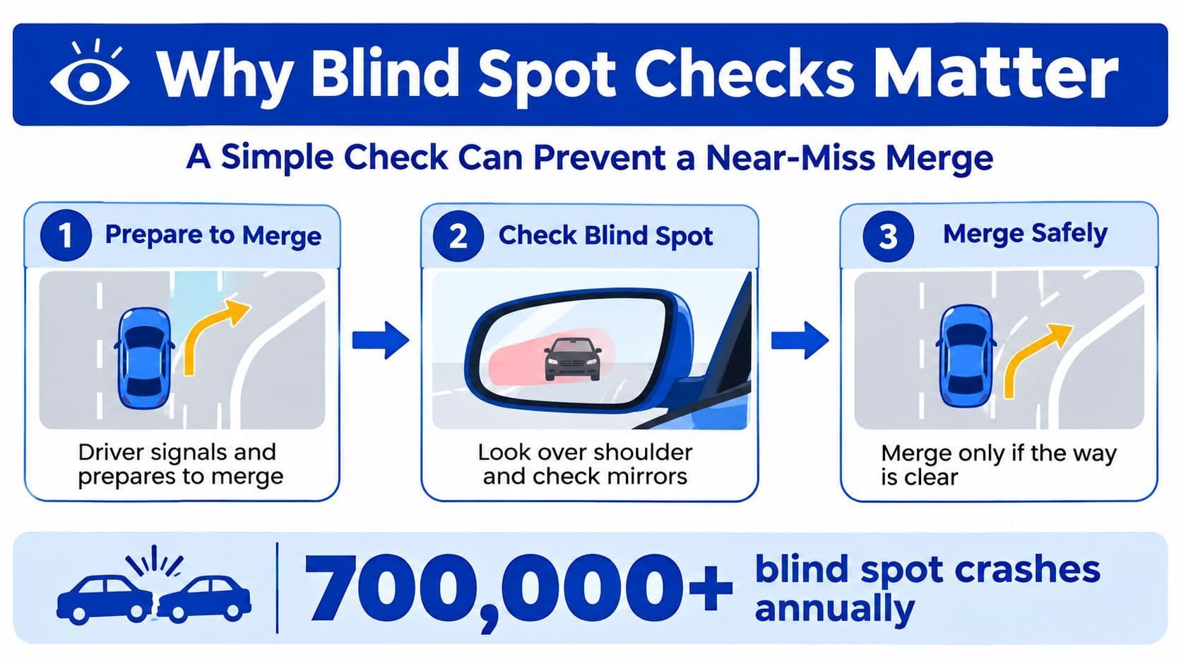 A three-step guide on how to safely check blind spots before merging while driving.