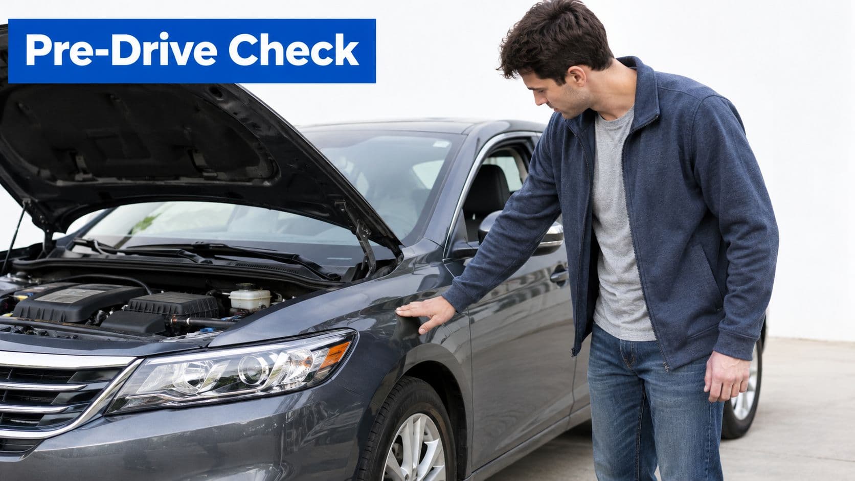 A man performing a pre-drive safety check on his dark grey car before his driving test.