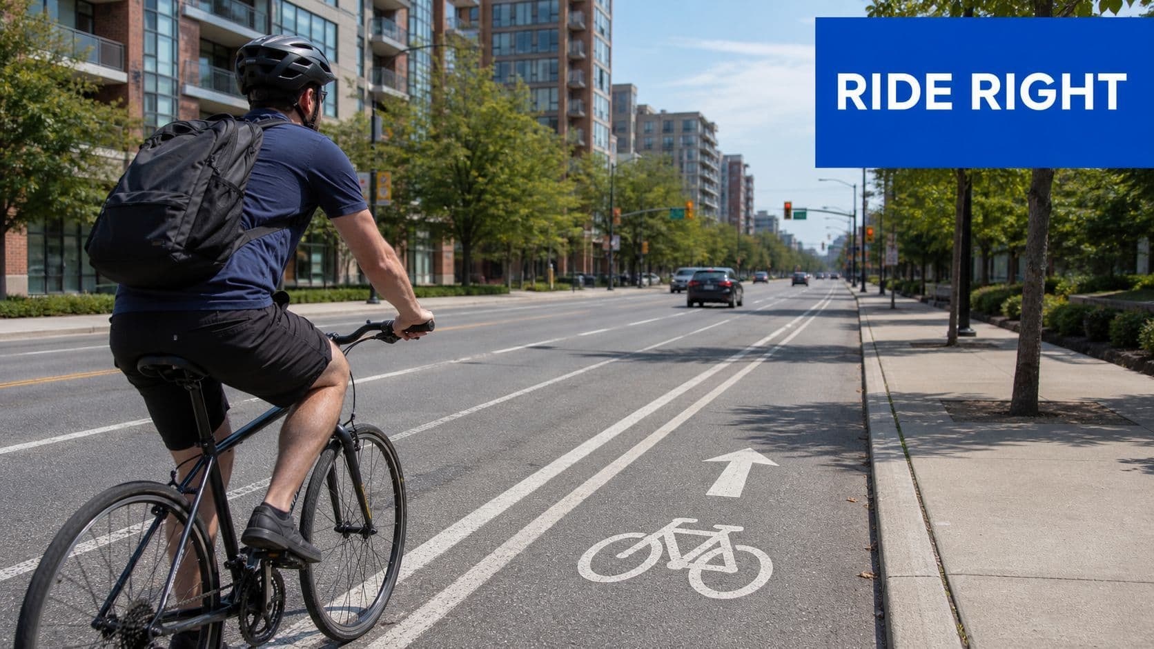 A cyclist riding a bicycle in a designated bike lane on a city street in Ontario.