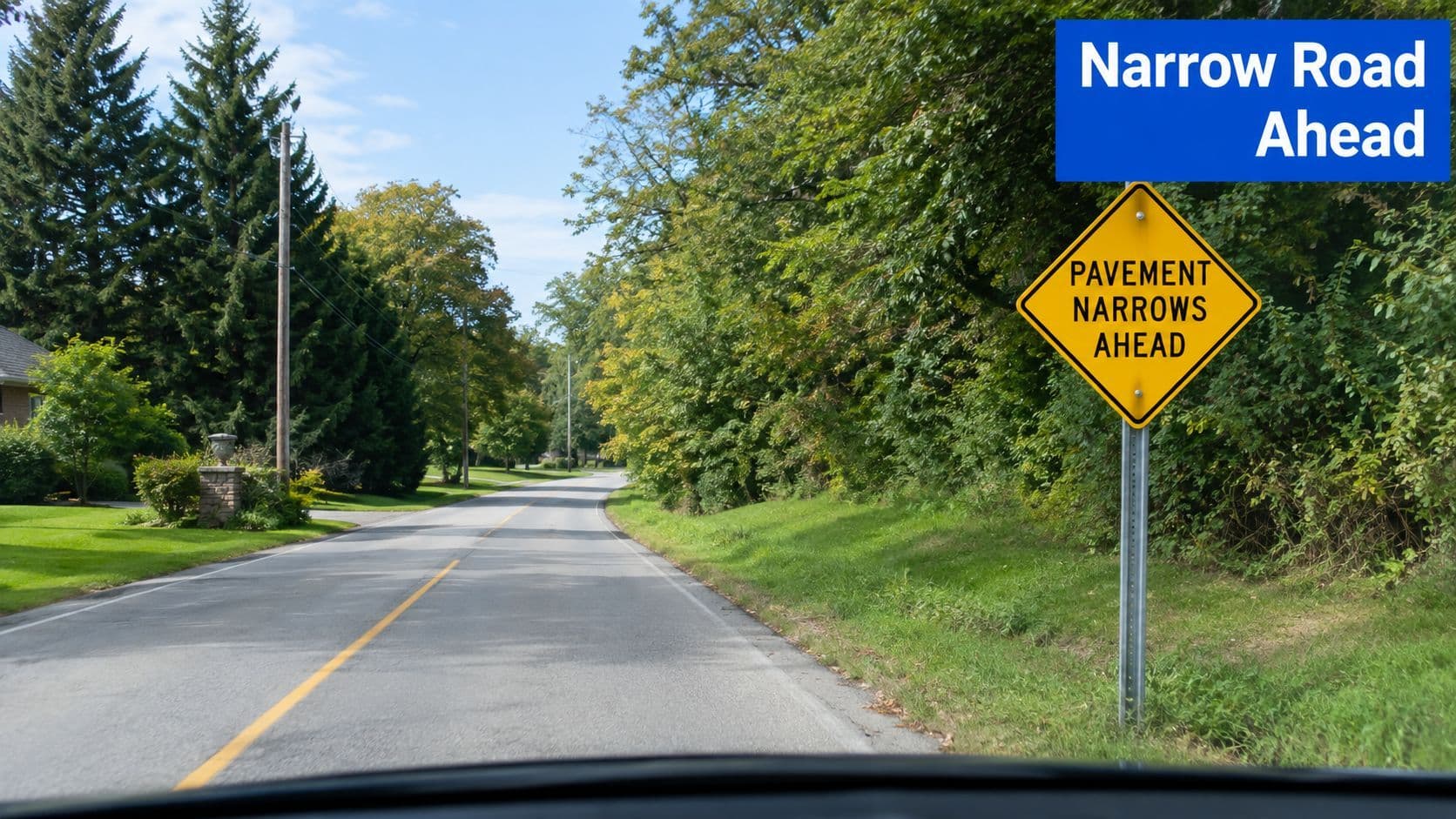 A yellow diamond road sign warning that the pavement narrows ahead on a tree-lined residential street.