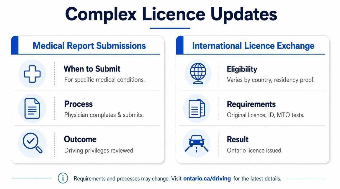 A graphic explaining complex driver's license updates for medical reports and international license exchanges in Ontario.