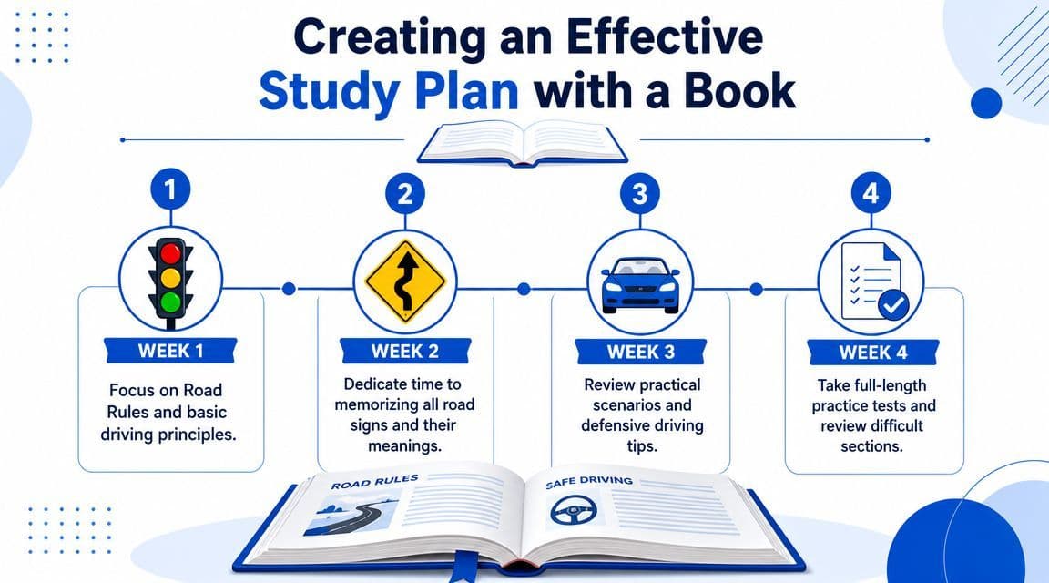 A four-week study plan infographic for preparing for a driving test using a guidebook.