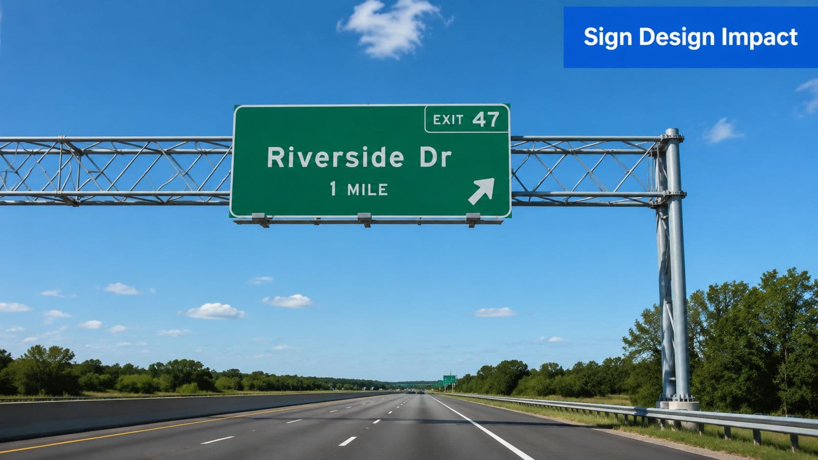 A large green overhead highway sign indicating an exit for Riverside Drive one mile ahead.