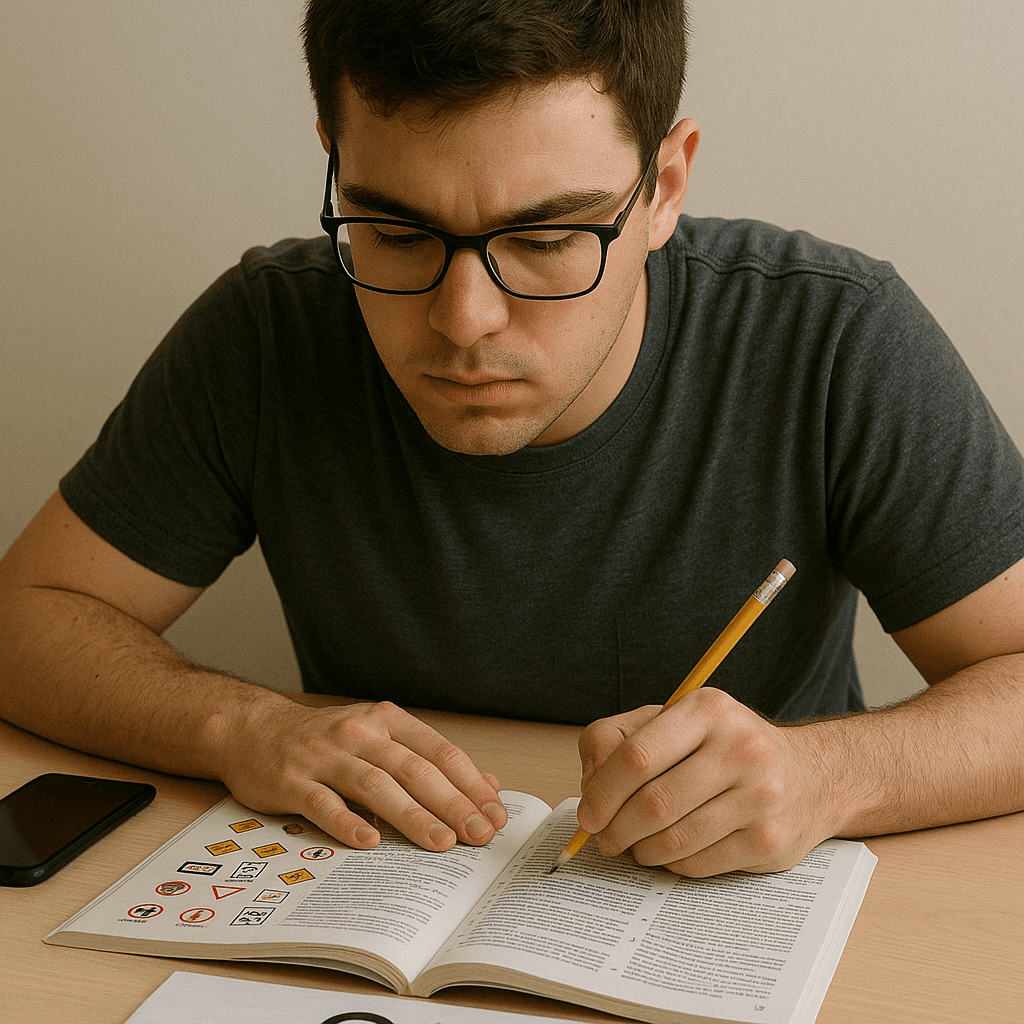 Young man studying for the G1 knowledge test at a wooden table with a driver's manual, pencil, smartphone, and test paper