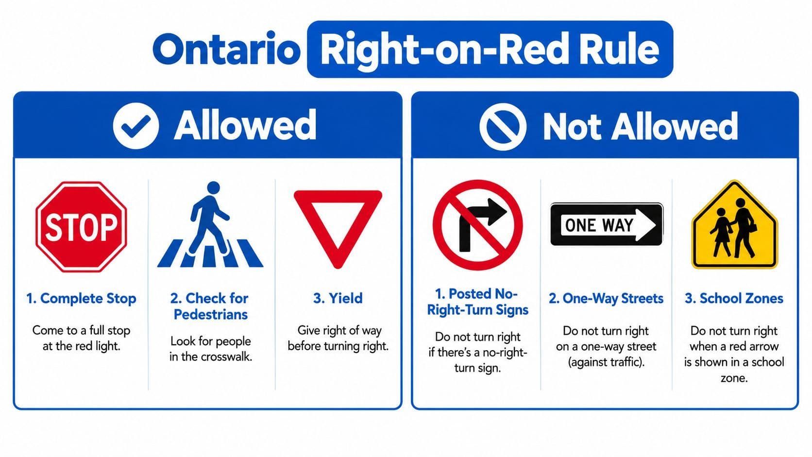 An infographic showing Ontario traffic laws regarding when and when not to make right turns on red.