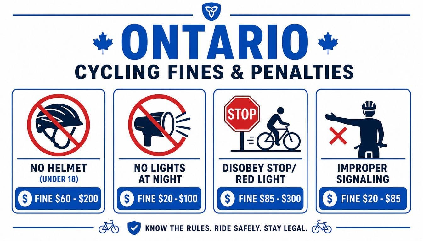 An infographic showing Ontario cycling fines and penalties for helmet laws, lighting, stop signs, and signaling.