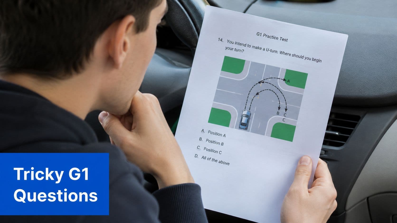 A person sitting in a car studying a G1 driving practice test paper about U-turn rules.