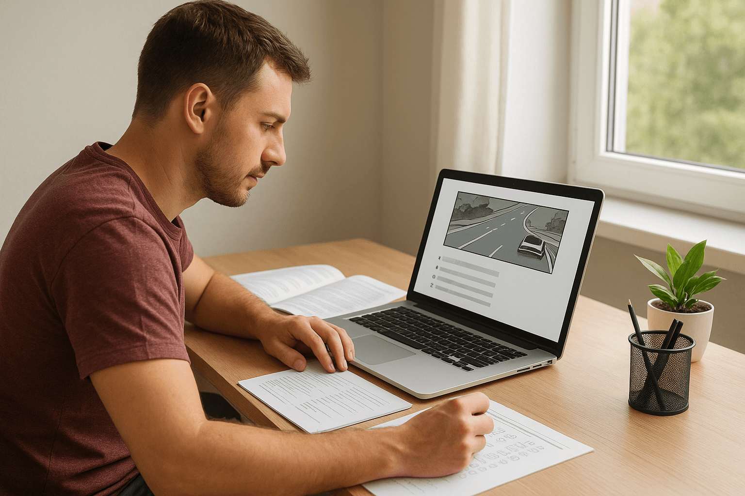 A man studying for the Ontario G1 driving test at home, taking notes while viewing a driving practice test on his laptop near a sunny window.