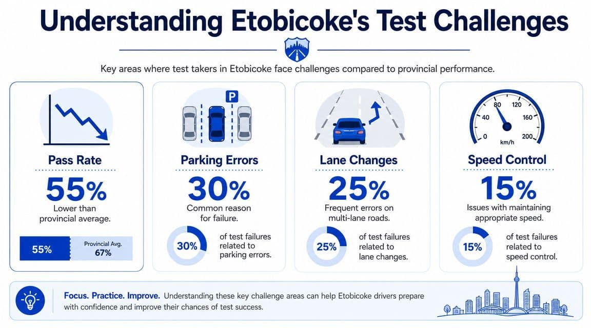 An infographic detailing common driving test failure reasons in Etobicoke compared to provincial averages.