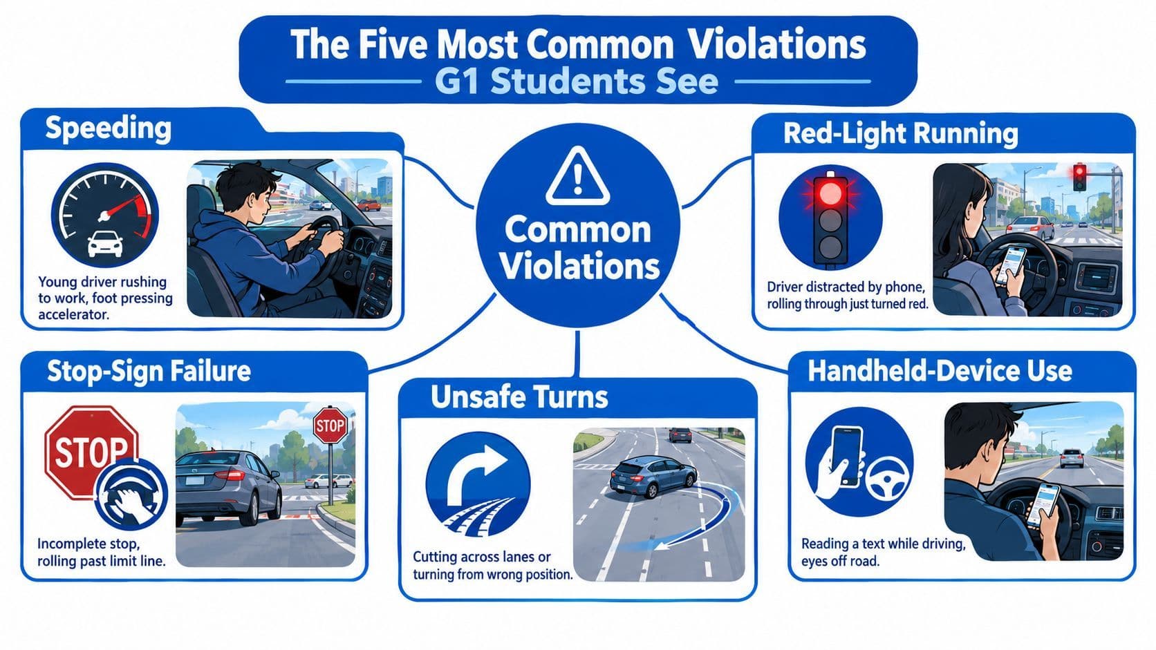 An infographic detailing the five most common traffic violations observed by G1 student drivers, including diagrams and descriptions.