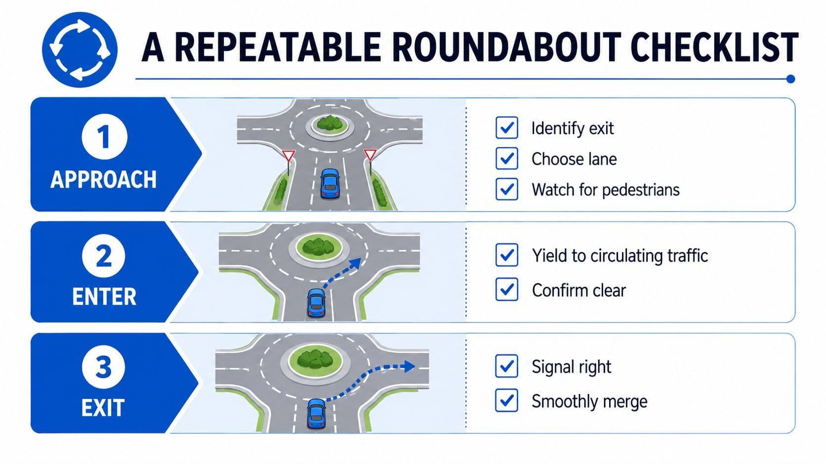 A simple, easy to read infographic titled A Repeatable Roundabout Checklist explaining steps to approach, enter, and exit roundabouts safely.