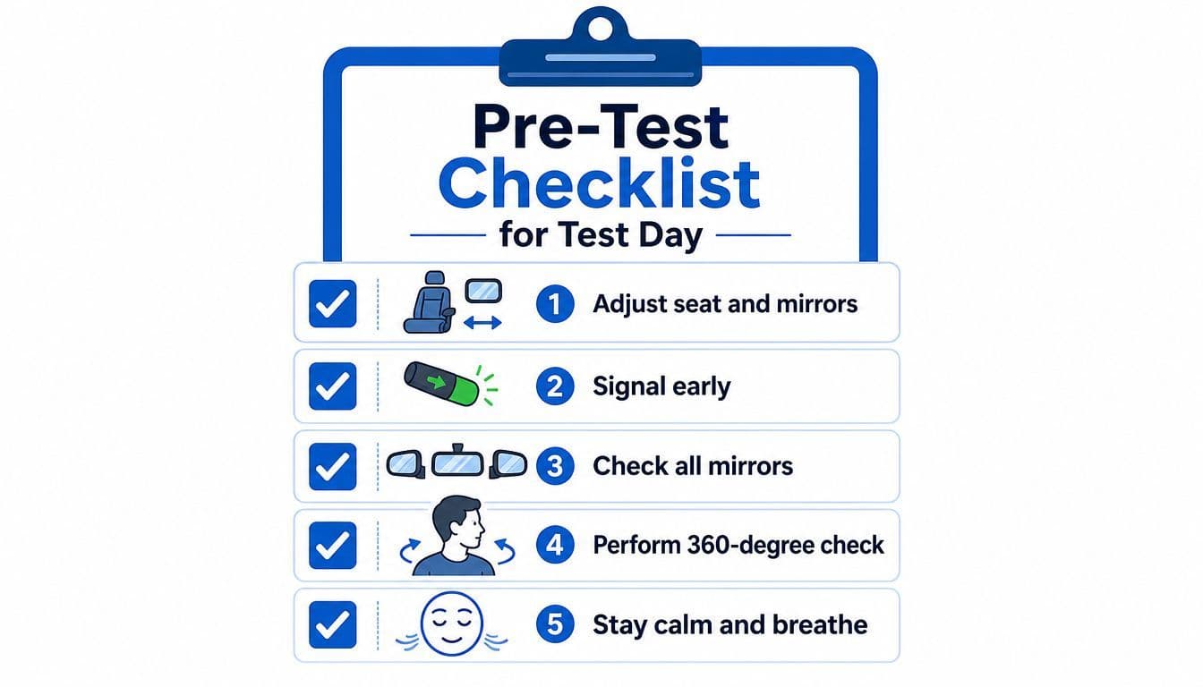 A driving test pre-test checklist infographic illustrating seat adjustments, signaling, mirrors, checks, and calming breathing techniques.