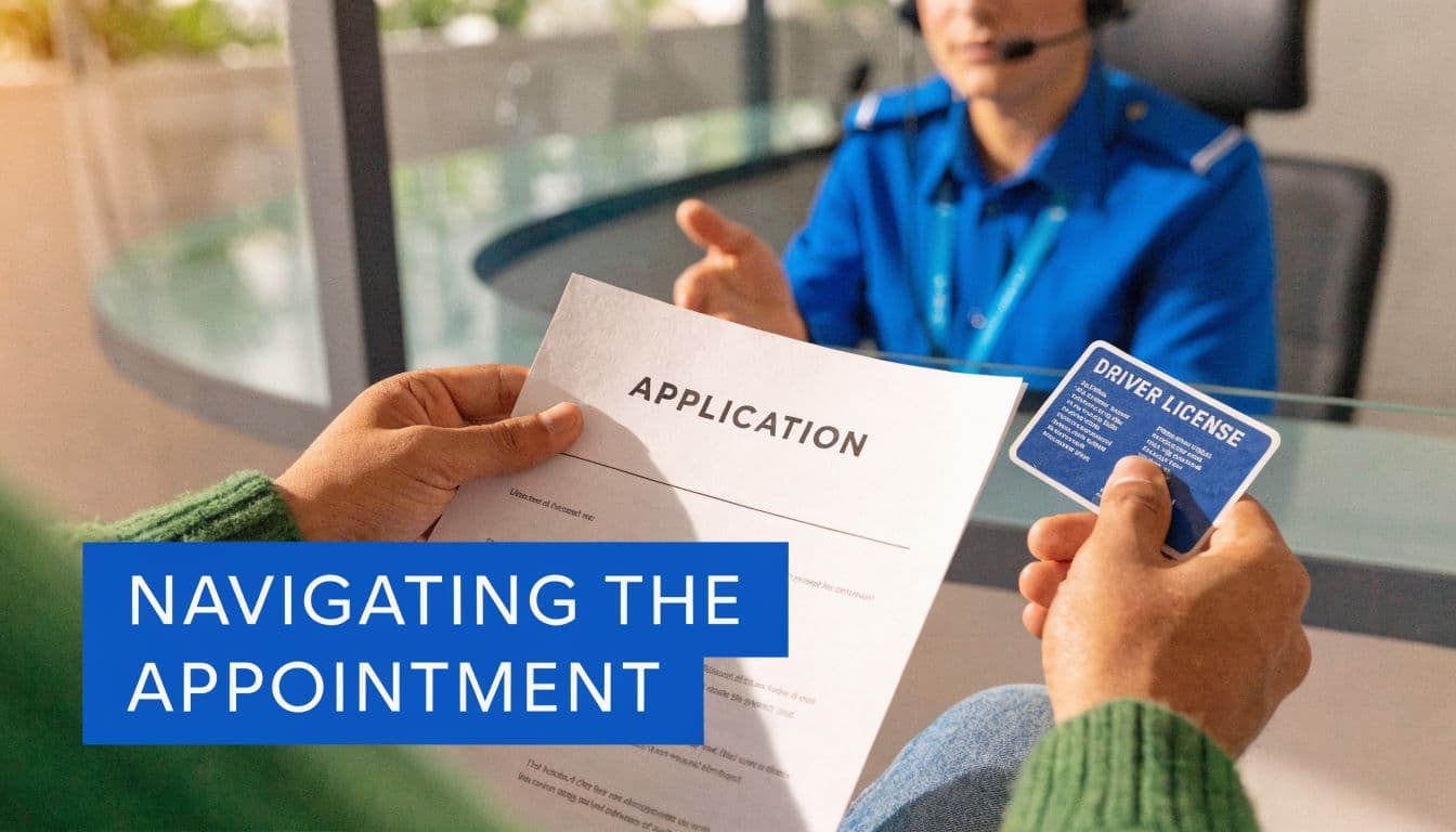 A person handing an application and driver's license to a clerk at an office counter for an appointment.