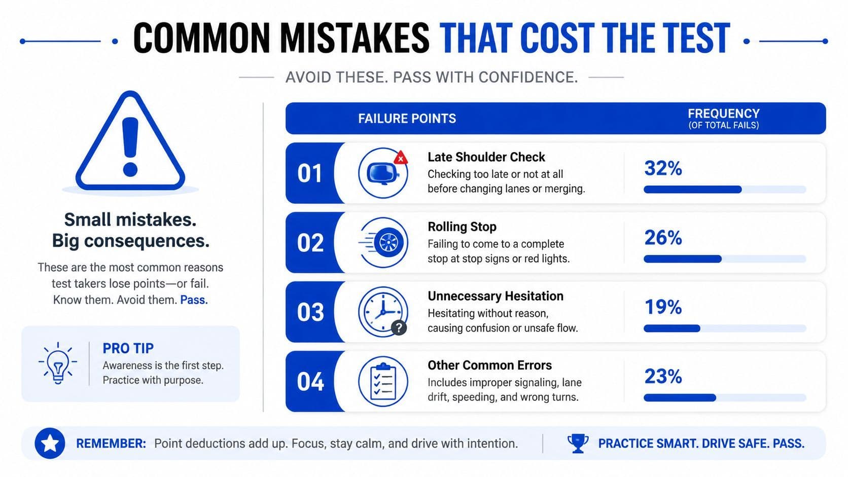 A chart illustrating common driving test failures including late shoulder checks, rolling stops, hesitation, and other errors.